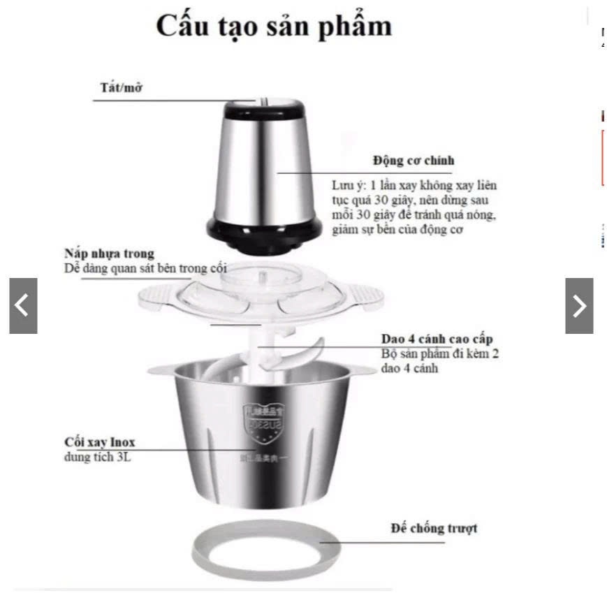 Máy Xay Thịt Đa Năng Cối Inox 2L 304, 4 Lưỡi Dao Thép Không Gỉ, Say Sinh Tố Thịt, Cá, Cua, Rau củ,Hoa Quả