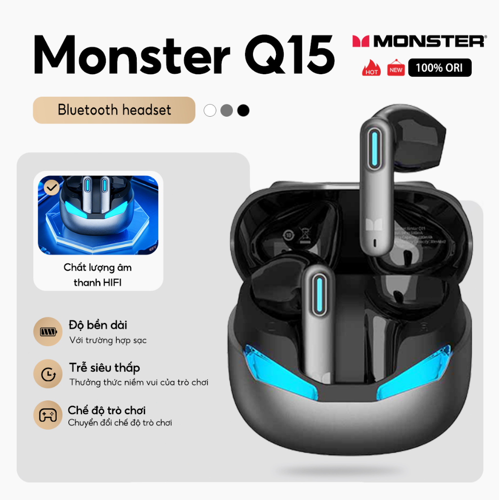 Monster Q15 Wireless Bluetooth Earphones, Noise Reduction Gaming Earbuds, High-Quality Stereo Sound for Sports