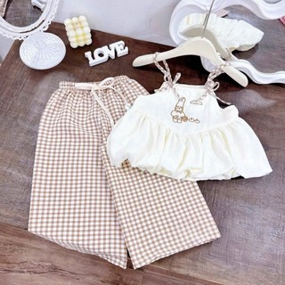 Bộ Đồ Bé Gái Mùa Hè Áo Hai Dây Buộc Nơ Mix Quần Caro Ống Rộng Thoáng Mát Mềm Mại - MH2