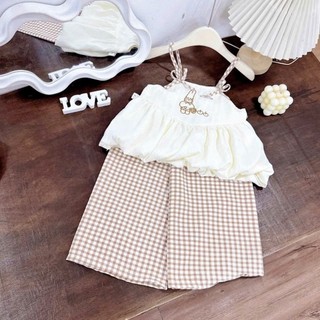 Bộ Đồ Bé Gái Mùa Hè Áo Hai Dây Buộc Nơ Mix Quần Caro Ống Rộng Thoáng Mát Mềm Mại - MH2