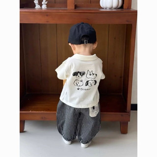Set bộ áo cổ polo in hình chó dễ thương + quần bo chun gấu kẻ caro cho bé trai