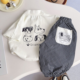 Set bộ áo cổ polo in hình chó dễ thương + quần bo chun gấu kẻ caro cho bé trai