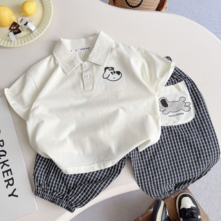 Set bộ áo cổ polo in hình chó dễ thương + quần bo chun gấu kẻ caro cho bé trai