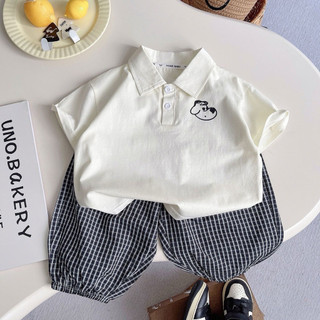 Set bộ áo cổ polo in hình chó dễ thương + quần bo chun gấu kẻ caro cho bé trai