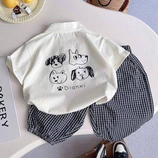 Set bộ áo cổ polo in hình chó dễ thương + quần bo chun gấu kẻ caro cho bé trai