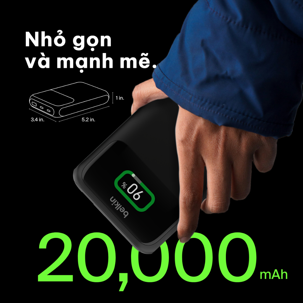 Pin sạc dự phòng Belkin Polymer Pocket Power dung lượng 20,000 mAh, sạc nhanh 65w chuẩn PD 3 cổng màn hình hiển thị pin | BigBuy360 - bigbuy360.vn