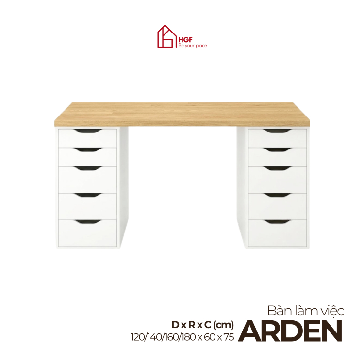 Bàn làm việc tại nhà, Bàn học đa năng ARDEN HGF 10 ngăn kéo, gỗ MDF, 160x60x75cm, BLV001
