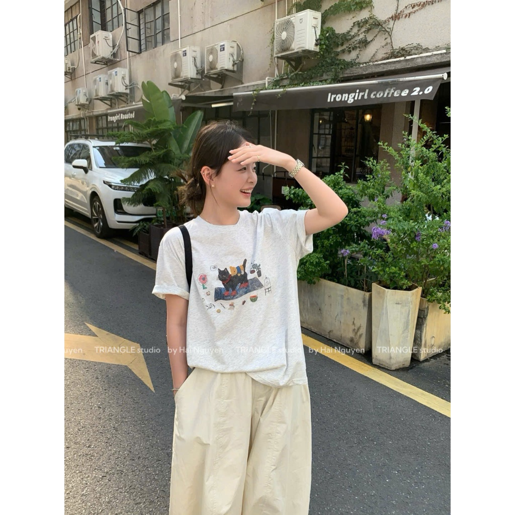 TRIANGLE - Cat T-shirt (Cân nhắc kỹ, áo sáng màu không hoàn) Áo thun cotton cao cấp style Hàn Quốc dễ mặc, chất đẹp