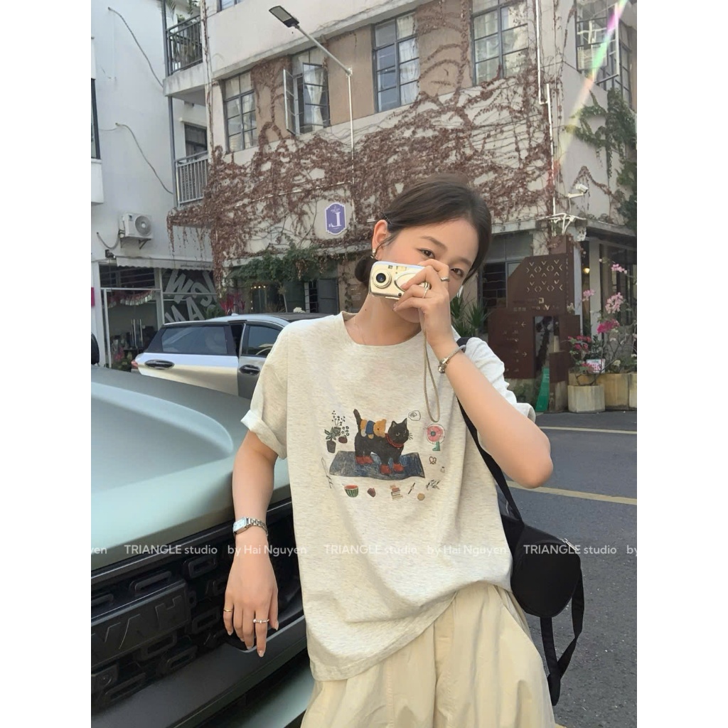 TRIANGLE - Cat T-shirt (Cân nhắc kỹ, áo sáng màu không hoàn) Áo thun cotton cao cấp style Hàn Quốc dễ mặc, chất đẹp