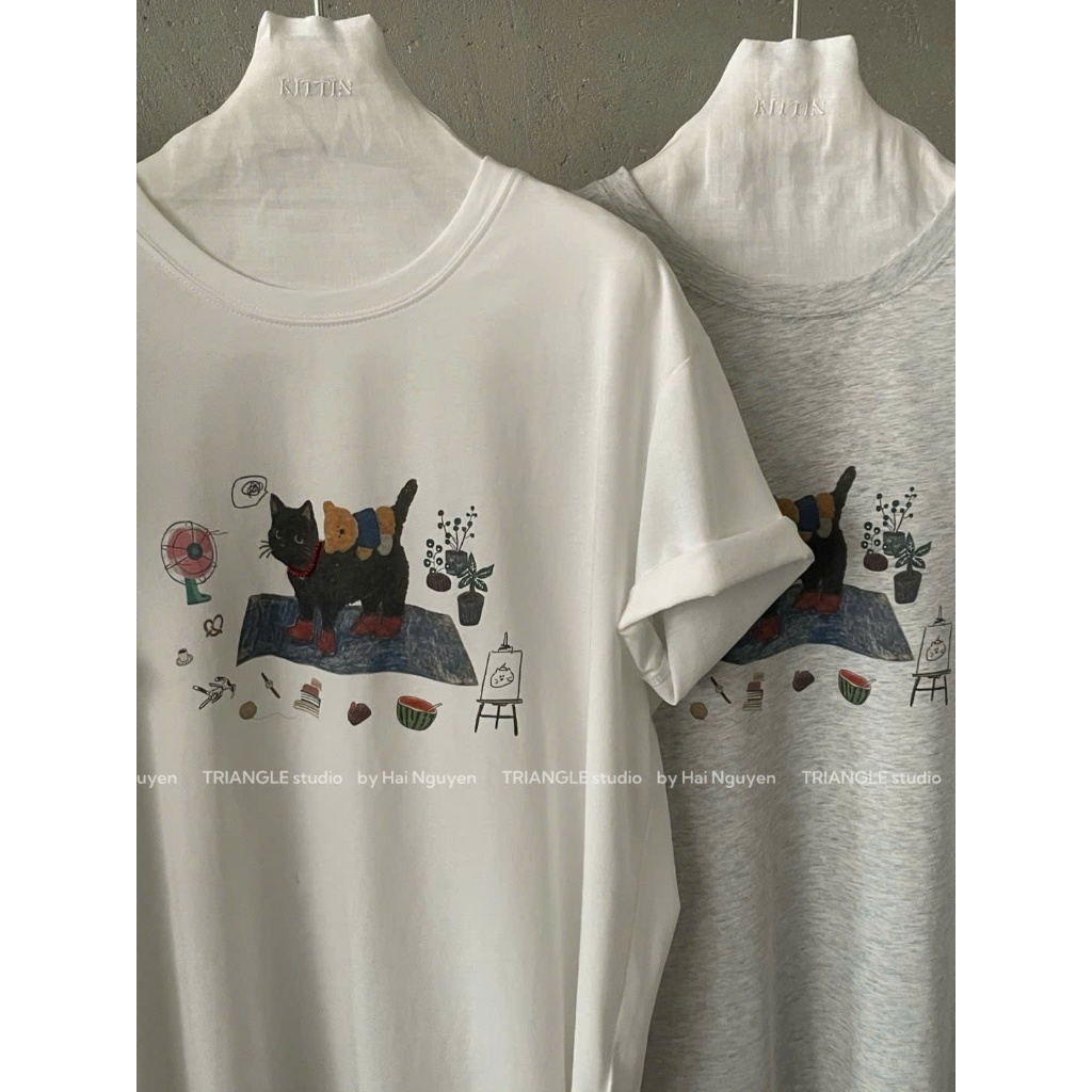 TRIANGLE - Cat T-shirt (Cân nhắc kỹ, áo sáng màu không hoàn) Áo thun cotton cao cấp style Hàn Quốc dễ mặc, chất đẹp
