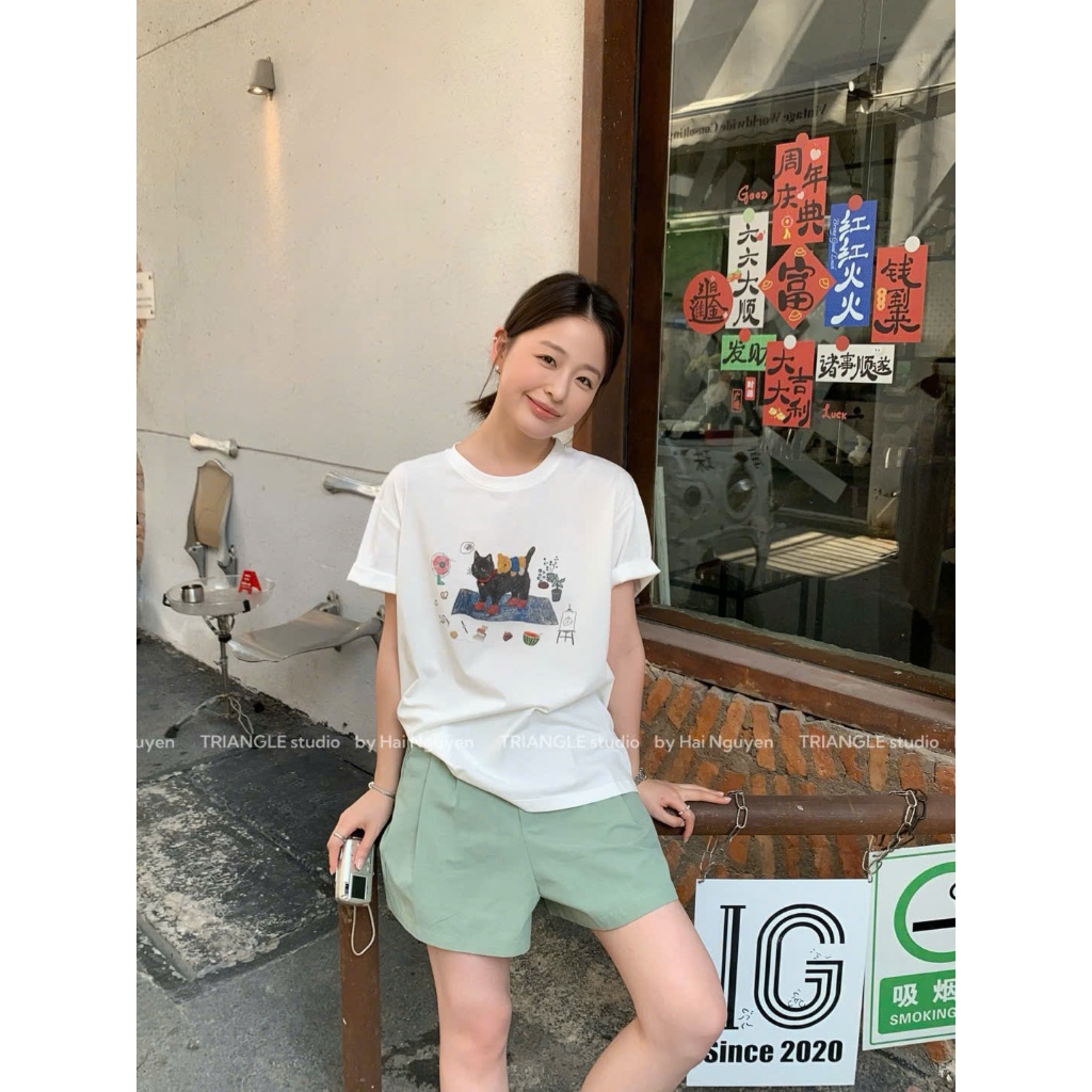 TRIANGLE - Cat T-shirt (Cân nhắc kỹ, áo sáng màu không hoàn) Áo thun cotton cao cấp style Hàn Quốc dễ mặc, chất đẹp