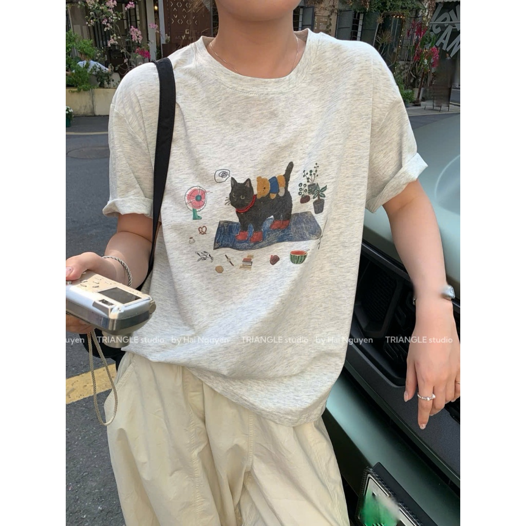 TRIANGLE - Cat T-shirt (Cân nhắc kỹ, áo sáng màu không hoàn) Áo thun cotton cao cấp style Hàn Quốc dễ mặc, chất đẹp