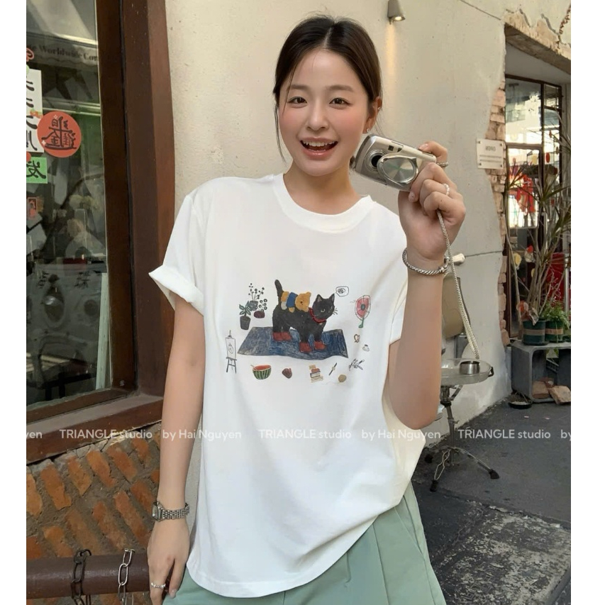 TRIANGLE - Cat T-shirt (Cân nhắc kỹ, áo sáng màu không hoàn) Áo thun cotton cao cấp style Hàn Quốc dễ mặc, chất đẹp