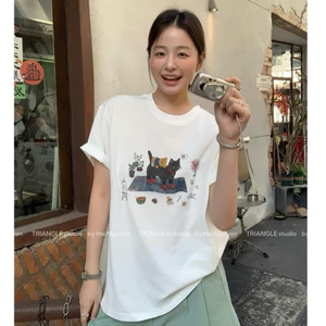 TRIANGLE - Cat T-shirt (Cân nhắc kỹ, áo sáng màu không hoàn) Áo thun cotton cao cấp style Hàn Quốc dễ mặc, chất đẹp