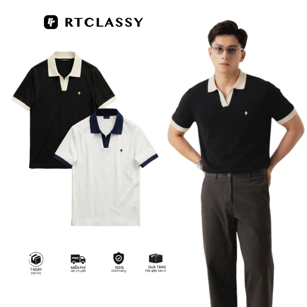 Áo Polo Cổ V Phối Màu RTCLASSY Basic Form Regular Vải Cotton Dệt Chéo Dày Dặn Chống Nhăn