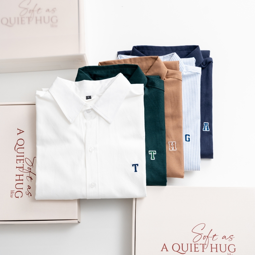Áo sơ mi kẻ sọc LILA sơ mi đôi thêu logo tên người yêu vải Oxford Premium quà tặng bạn trai bạn gái ý nghĩa