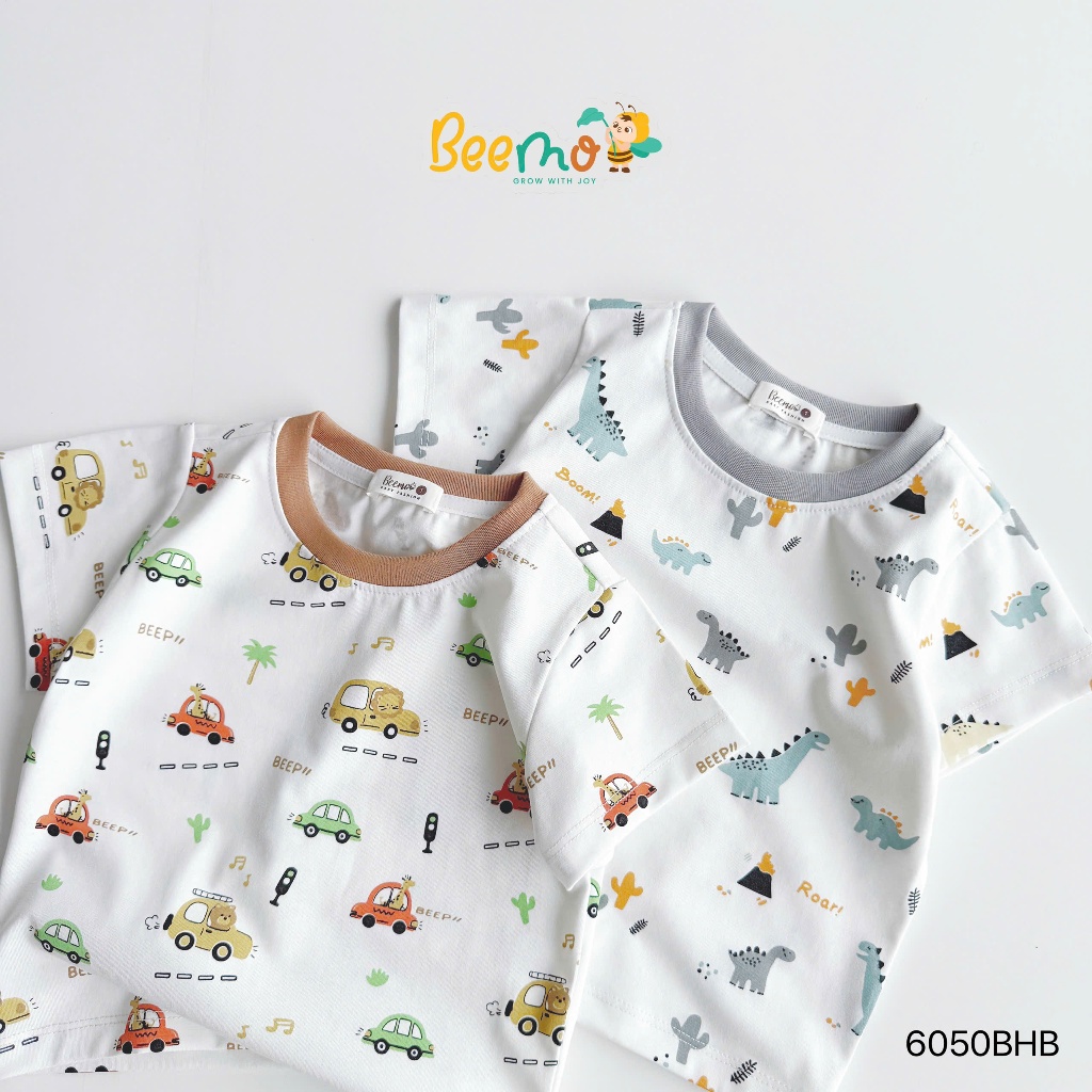 Bộ cotton cộc tay in tràn hoạ tiết ô tô, bộ thun co dãn mềm mát cho bé trai