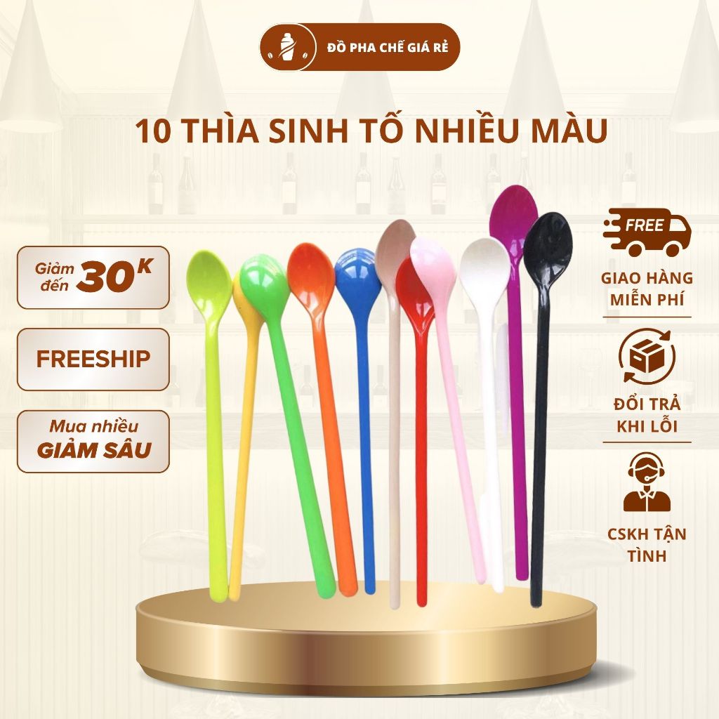 Combo 10 thìa nhựa sinh tố, pha chế nhiều màu, muỗng nhựa dùng cho pha chế cafe trà sữa đồ uống