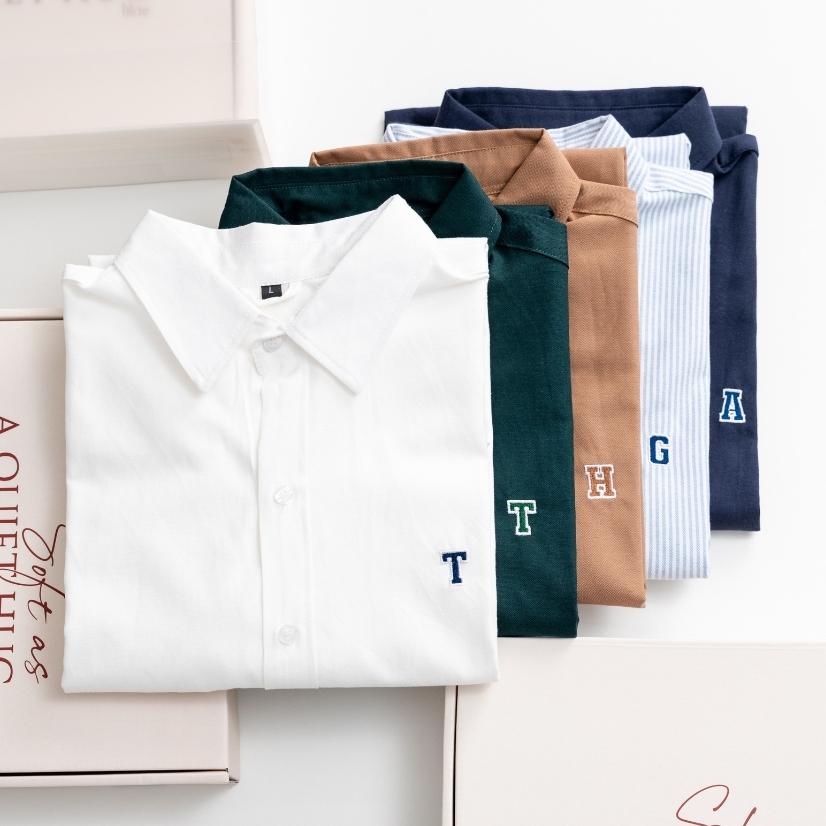 Áo sơ mi vải Oxford dài tay thêu logo tên theo yêu cầu, áo đôi nam nữ form rộng đi chơi, du lịch, đi làm
