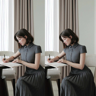 Đầm xám ghi phong cách vintage cổ đức phối nút bọc chân váy xếp ly đi học đi làm