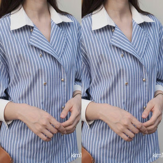 Combo áo sơ mi kẻ sọc phối cổ và quần đùi nữ màu kem sang chảnh đi chơi