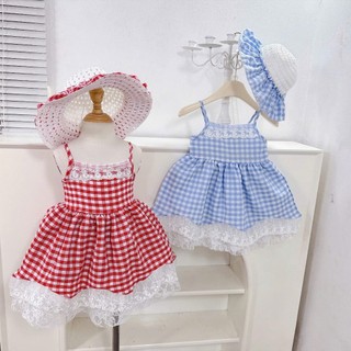 [Tặng kèm mũ] Váy Bé Gái Công Chúa Kẻ Caro Đỏ Xanh Phối Ren Chân Váy Vintage Kèm Mũ Cho Bé