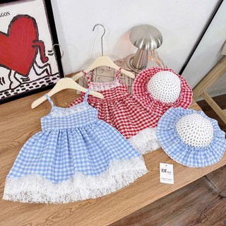 [Tặng kèm mũ] Váy Bé Gái Công Chúa Kẻ Caro Đỏ Xanh Phối Ren Chân Váy Vintage Kèm Mũ Cho Bé