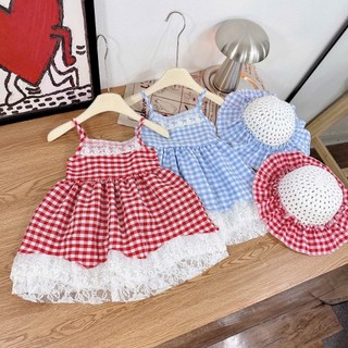 [Tặng kèm mũ] Váy Bé Gái Công Chúa Kẻ Caro Đỏ Xanh Phối Ren Chân Váy Vintage Kèm Mũ Cho Bé
