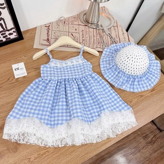 [Tặng kèm mũ] Váy Bé Gái Công Chúa Kẻ Caro Đỏ Xanh Phối Ren Chân Váy Vintage Kèm Mũ Cho Bé