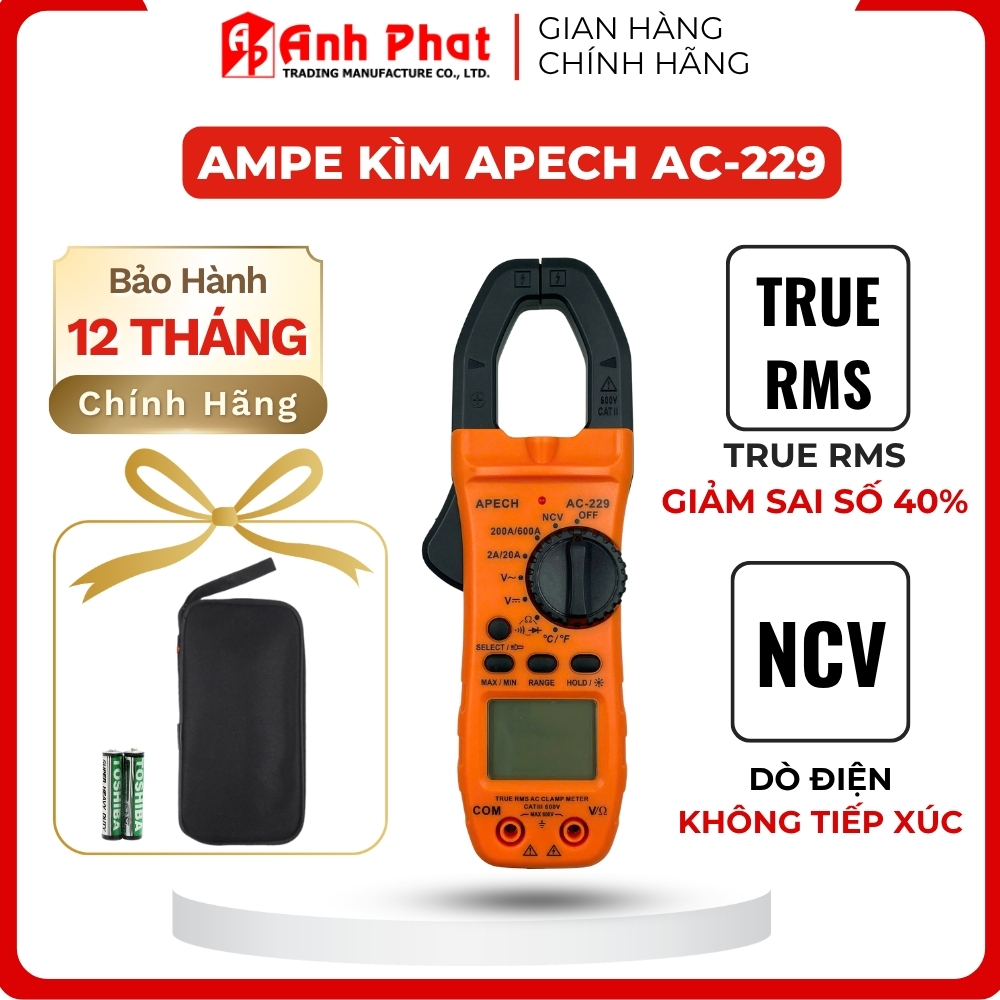 Đồng Hồ Kẹp Vạn Năng APECH AC-229 Có True RMS, NCV, Kiểm Tra Dioide, Data Hold, Auto Range,...