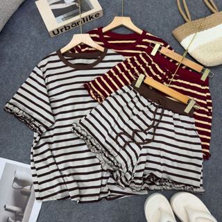 Đồ Bộ Bigsize Nữ Áo Thun Cổ Tròn Kẻ Sọc Phối Quần Short Lai Bèo Dễ Thương Cho Chubby SET870