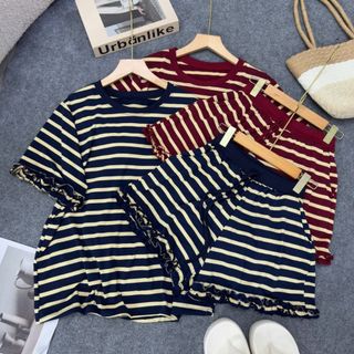 Đồ Bộ Bigsize Nữ Áo Thun Cổ Tròn Kẻ Sọc Phối Quần Short Lai Bèo Dễ Thương Cho Chubby SET870