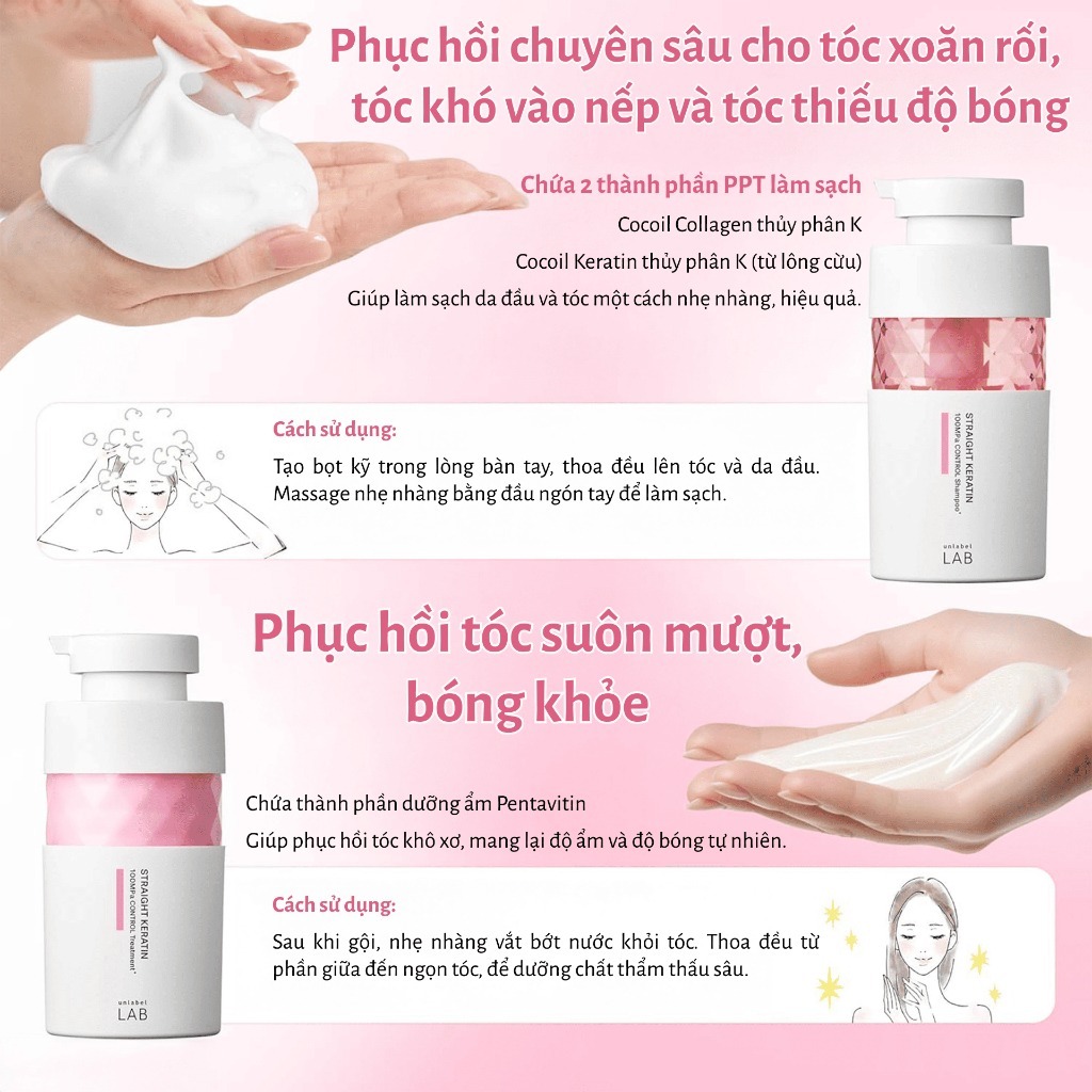 Bộ Dầu Gội Xả UNLABEL LAB Keratin Phục Hồi Dưỡng Tóc Mềm Mượt Giảm Xơ Rối 400ml