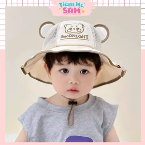 Mũ Tai Bèo Cho Bé Trai Bé Gái Hình Gấu GOODNIGHT Nón Rộng Vành Lưới Thoáng Khí Có Dây Rút 2-5 Tuổi - MUG32