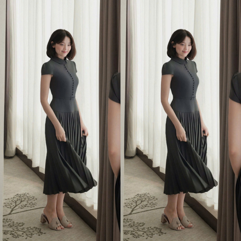 ZIMM STORE-Váy dài màu xám tay ngắn cổ sơ mi phối thắt lưng mảnh dáng xếp ly cực tôn dáng