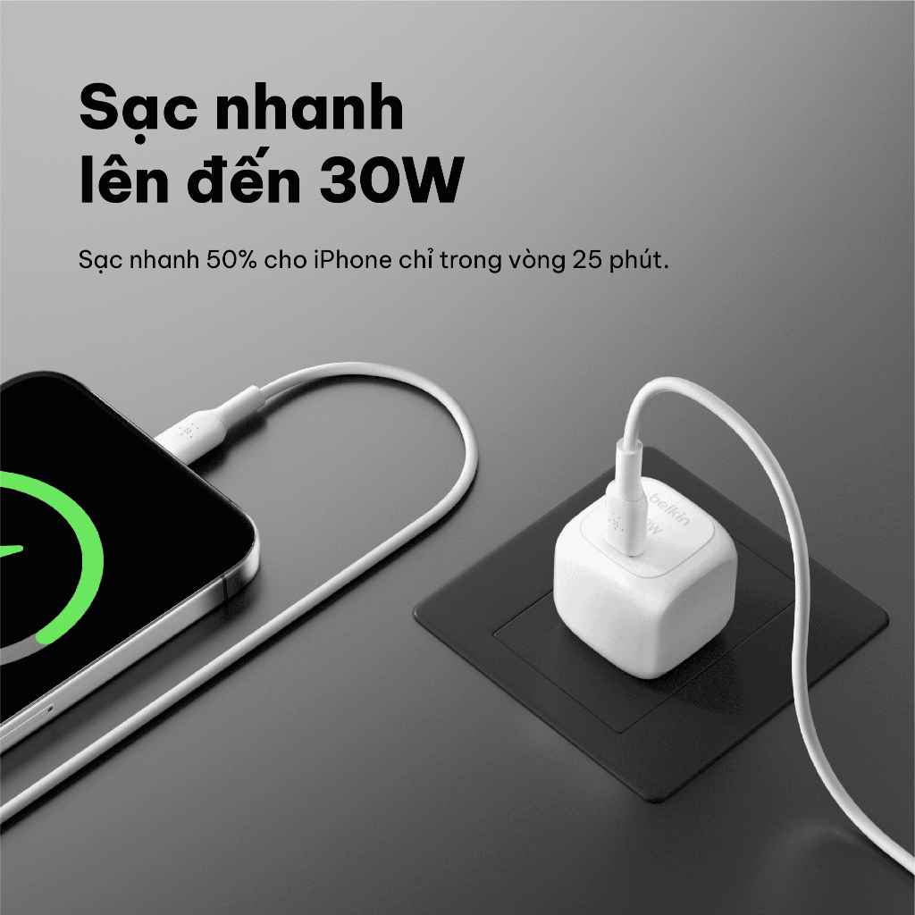 Củ sạc nhanh Belkin 30W USB-C chuẩn PD PPS nhỏ gọn 1 cổng cho iPhone 15 iPad Air chính hãng BH 2 năm | BigBuy360 - bigbuy360.vn
