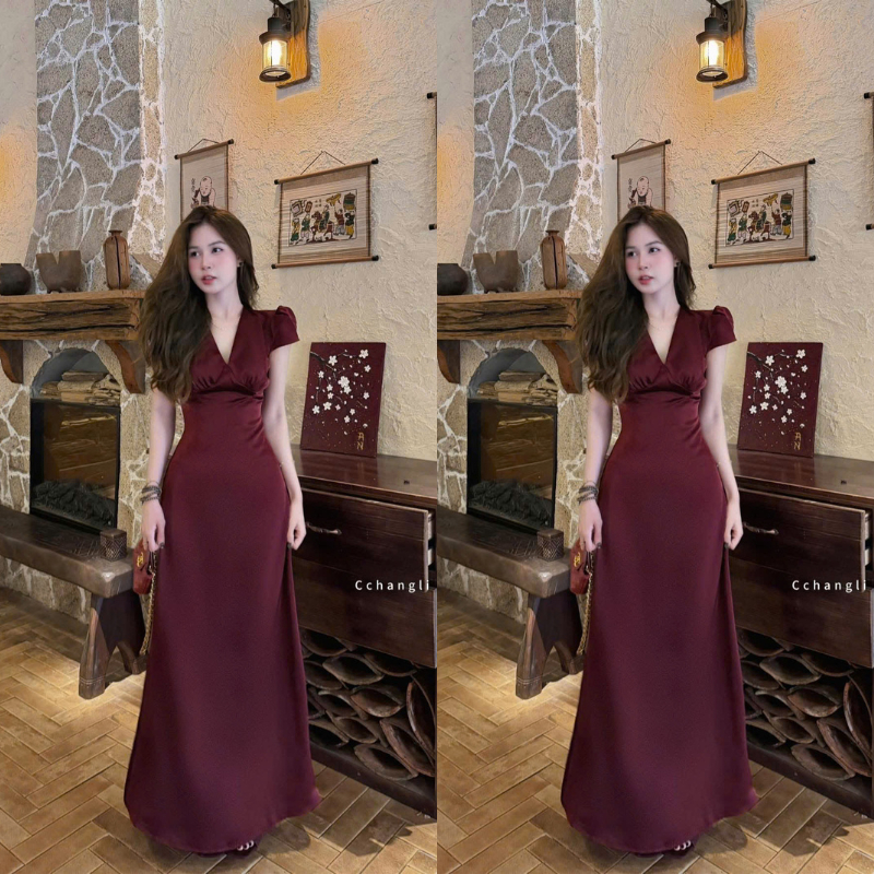 ZIMM STORE-Váy lụa dài dự tiệc màu đỏ thẫm tay ngắn phồng nhẹ thắt eo tôn dáng chuẩn mẫu