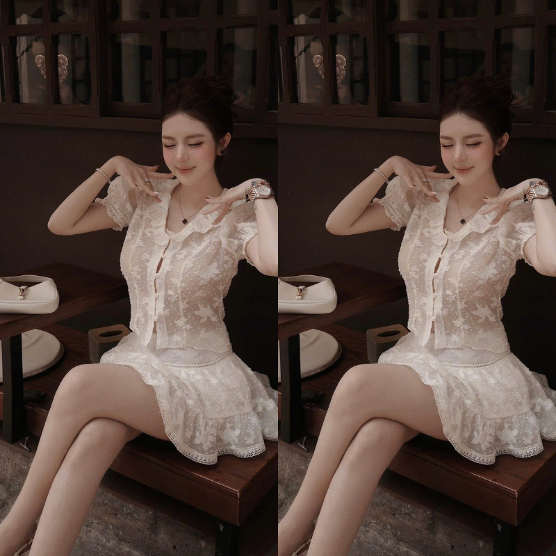 ZIMM STORE-Set bộ công chúa ren trắng dập nổi hoa văn phối chân váy ngắn điệu đà đi sự kiện