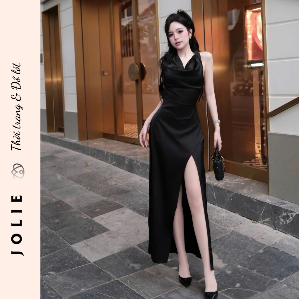 Váy Jolie Lụa Satin Cổ Yếm Đổ Dáng Dài Xẻ Tà Sang Trọng Quyến Rũ Dự Tiệc Cao Cấp