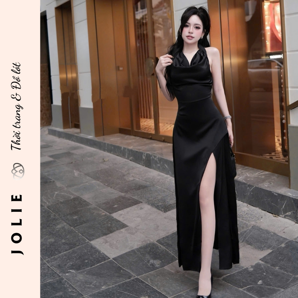Váy Jolie Lụa Satin Cổ Yếm Đổ Dáng Dài Xẻ Tà Sang Trọng Quyến Rũ Dự Tiệc Cao Cấp