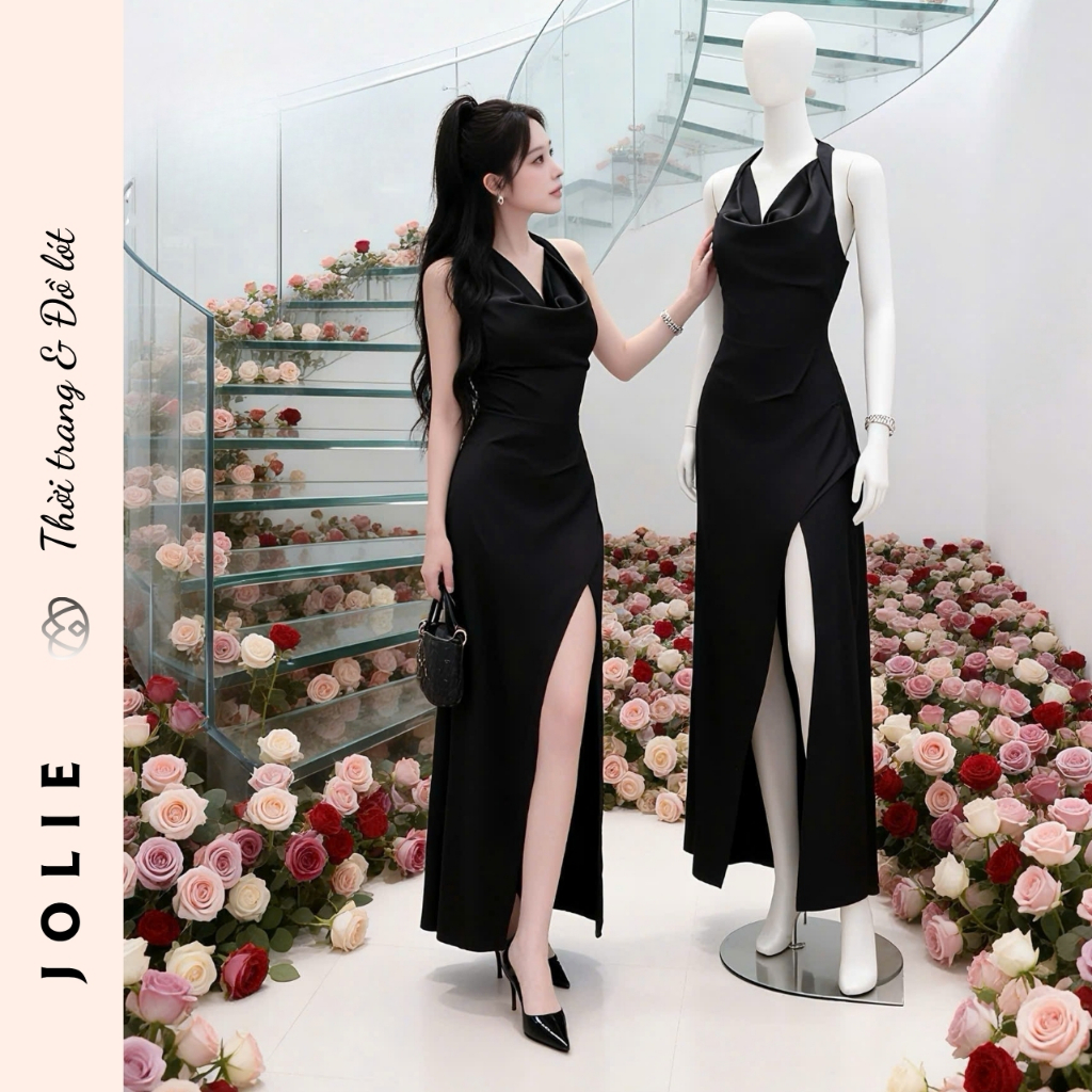 Váy Jolie Lụa Satin Cổ Yếm Đổ Dáng Dài Xẻ Tà Sang Trọng Quyến Rũ Dự Tiệc Cao Cấp