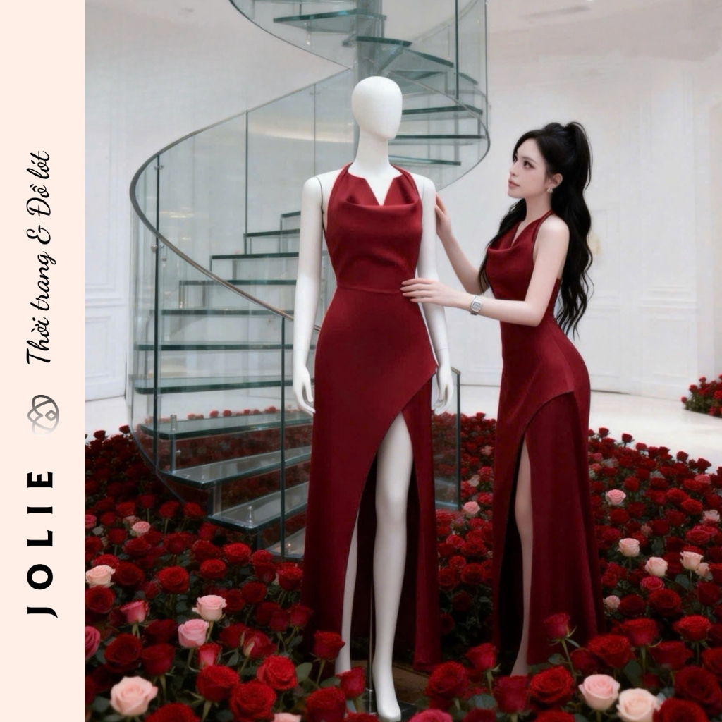 Váy Jolie Lụa Satin Cổ Yếm Đổ Dáng Dài Xẻ Tà Sang Trọng Quyến Rũ Dự Tiệc Cao Cấp