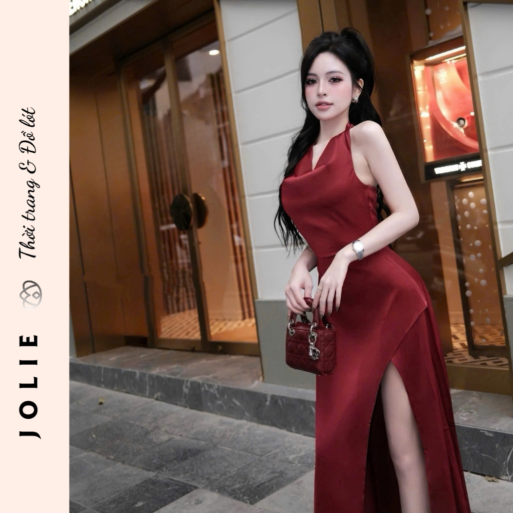 Váy Jolie Lụa Satin Cổ Yếm Đổ Dáng Dài Xẻ Tà Sang Trọng Quyến Rũ Dự Tiệc Cao Cấp