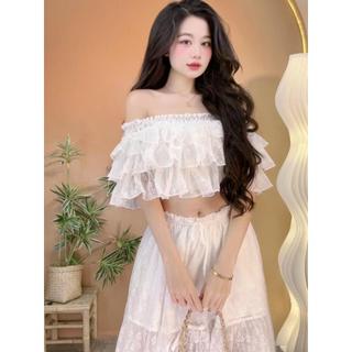 Set Áo Trễ Vai và Chân Váy Phong Cách Biển Summer phối nơ nền vải Thêu Hoa S169