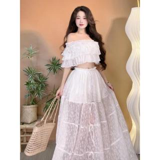 Set Áo Trễ Vai và Chân Váy Phong Cách Biển Summer phối nơ nền vải Thêu Hoa S169