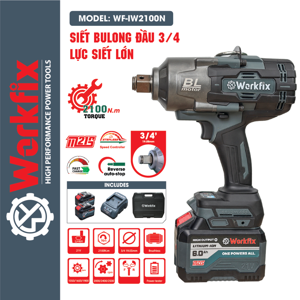 Máy Bắn Bulong WORKFIX WF-IW2100N, Không Chổi Than, Lực Siết 2100N.M Mở Vặn Ốc Xe Tải, Ô Tô, Cần Cẩu