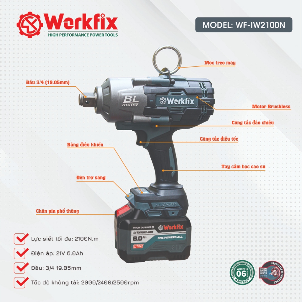 Máy Bắn Bulong WORKFIX WF-IW2100N, Không Chổi Than, Lực Siết 2100N.M Mở Vặn Ốc Xe Tải, Ô Tô, Cần Cẩu