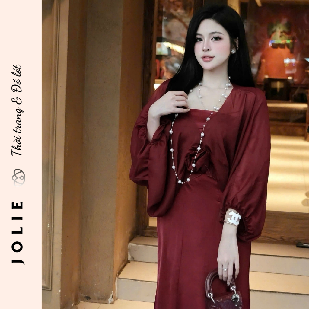 Váy Jolie Lụa Satin Dáng Dài Phối Áo Choàng Voan Tơ Kèm Hoa Thủ Công Sang Trọng Dự Tiệc