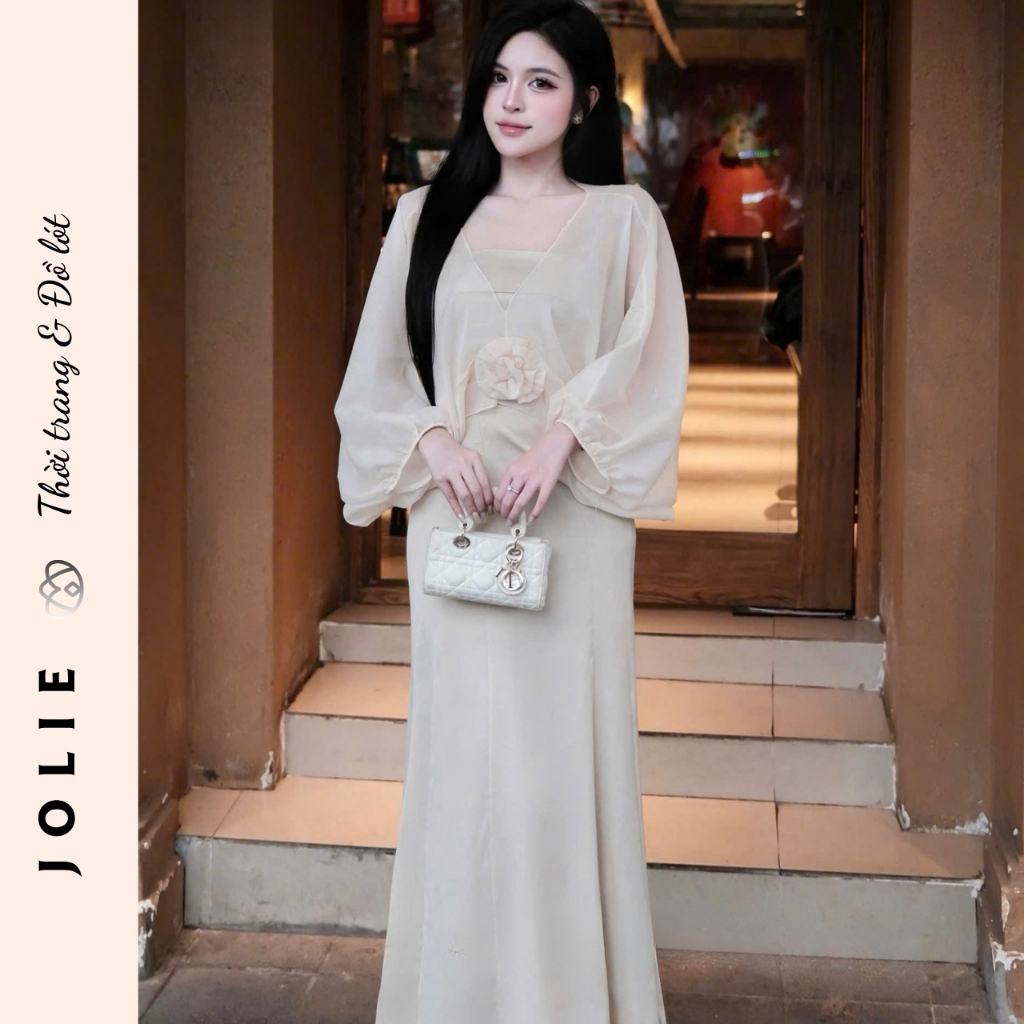 Váy Jolie Lụa Satin Dáng Dài Phối Áo Choàng Voan Tơ Kèm Hoa Thủ Công Sang Trọng Dự Tiệc
