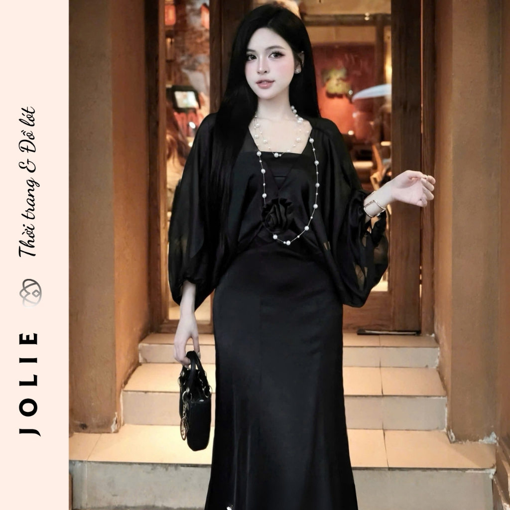Váy Jolie Lụa Satin Dáng Dài Phối Áo Choàng Voan Tơ Kèm Hoa Thủ Công Sang Trọng Dự Tiệc
